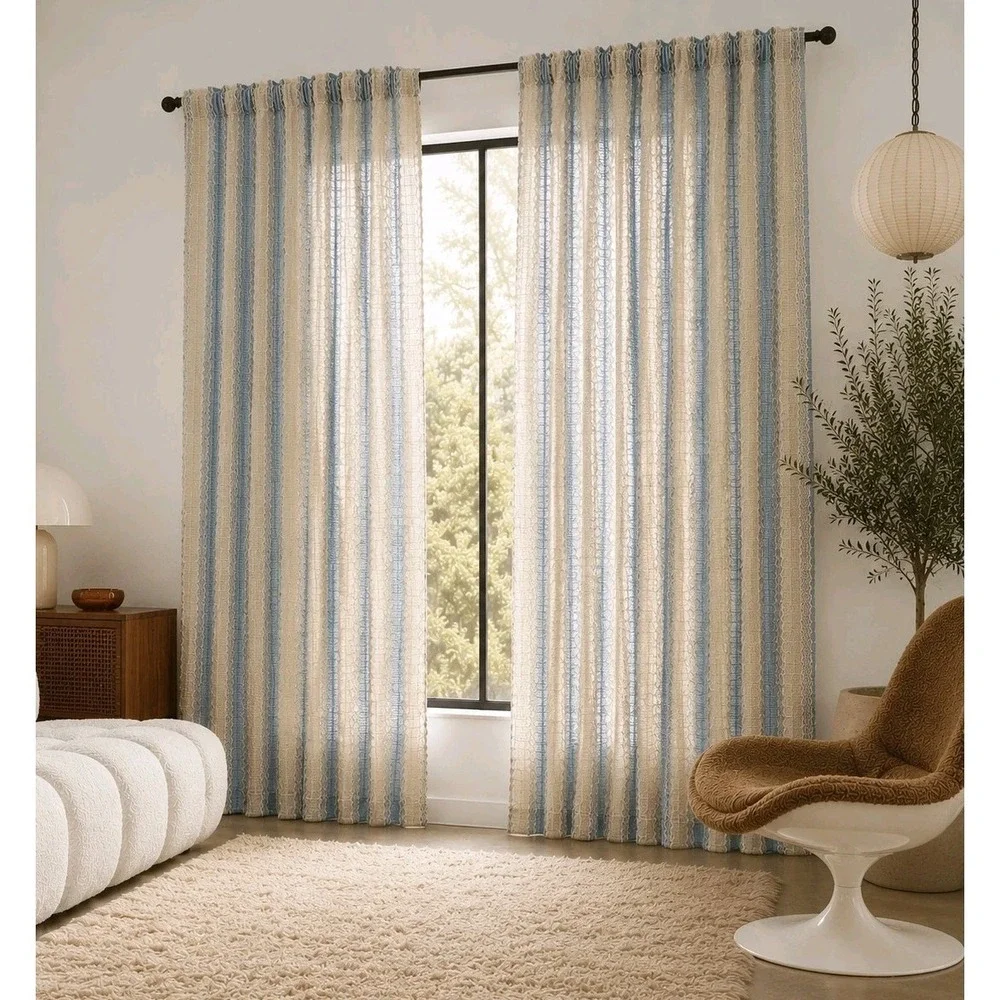 Vintage 1970s Scandinavian Style Natural Woven Fibers Fabric Drape Curtains Pair